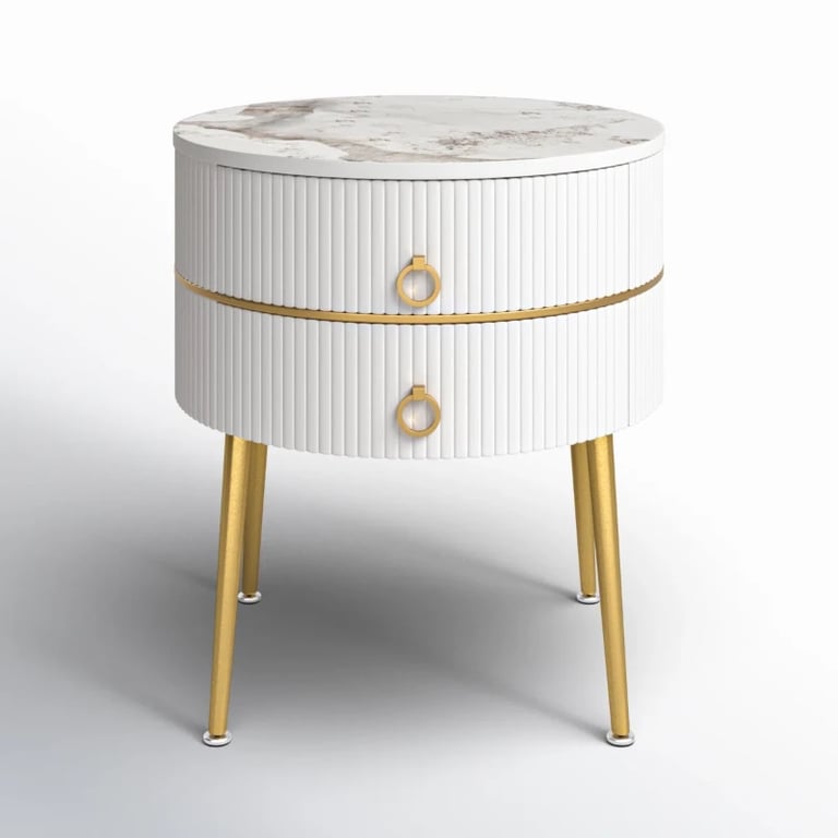 Midwest Round Side Table with Marble-Effect Top – Natural Wood