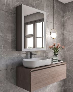 Picture of Peria – Multifunctional LED Bathroom Mirror with Natural Wood Storage