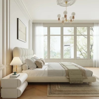 صورة السرير المُنجّد “كلوديل” بقاعدة من الخشب الطبيعي – بتصميم منحنيات ناعمة