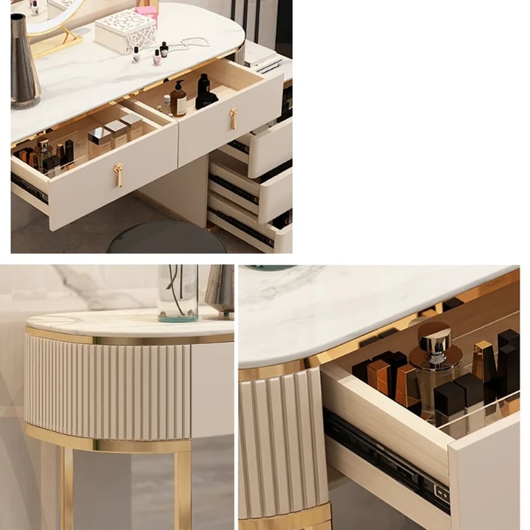 Clarette Vanity – Modern Natural Wood Design with Gold Stainless Frame and Elegant Storage Drawers