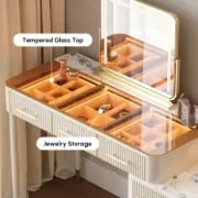 Velona Vanity Set – Natural Wood with Glass & Marble-Look Surfaces, LED Mirror & Chair