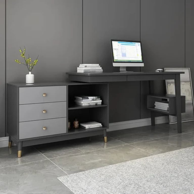 Picture of Ultic – L-Shaped Natural Wood Home Desk with Drawers & Shelf