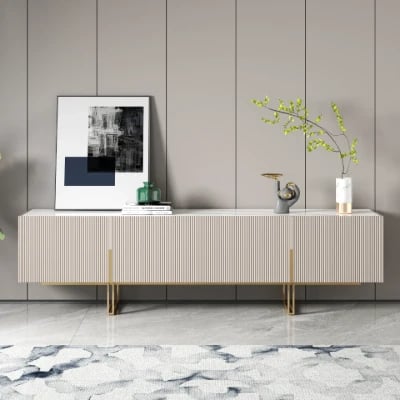 Élory - Natural Wood TV Stand with Stainless Steel Legs & Marble-Look Top