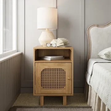 Zoya –Natural Wood Rattan Bedside Cabinet with Door & Open Shelf
