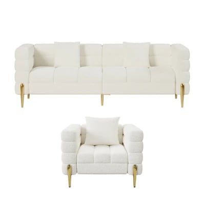 Lumière Sofa Set – 3-Seater Sofa & 2 Armchairs with Golden Metal Legs