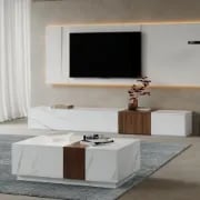 Marquina – Natural Wood TV Unit with Marble-Effect Finish and Matching Coffee Table