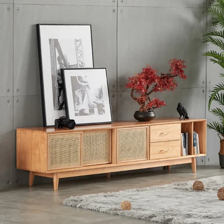 Picture of Lunari Natural Wood & Rattan TV Stand – Modern with Sliding Doors