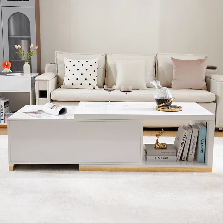 Luvano Extendable Coffee Table – White Finish with Storage Shelf