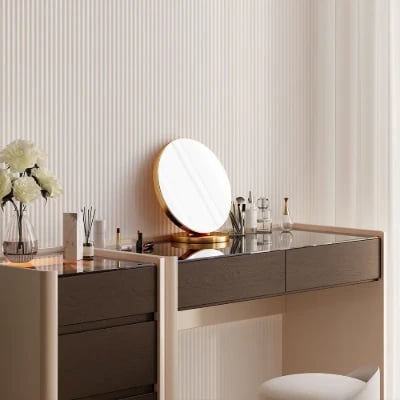 Vanity Set – Ébonie – Natural Wood with Smoked Glass Top, Organizer Drawers & Elegant Stool with Gold Base