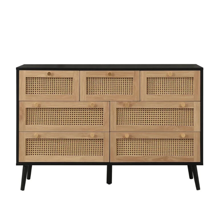 Rivena – Natural & Black Rattan 6-Drawer Wide Chest