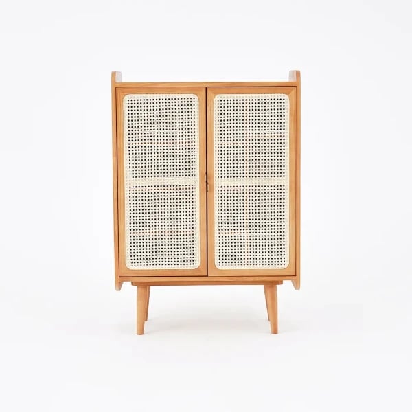 japandi Walnut Rattan Shoe Cabinet 2-Door 4-Shelf Shoe Organizer