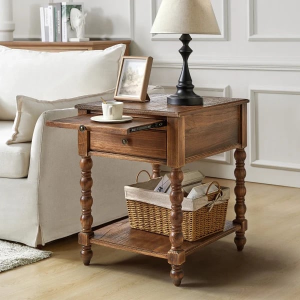 Heritage Side Table with Drawer & Shelf – Natural Wood