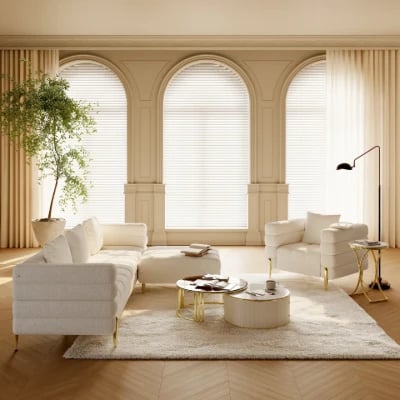 Amélis– Modern Natural Wood Sofa Set with Armchair and Ottoman, Golden Legs