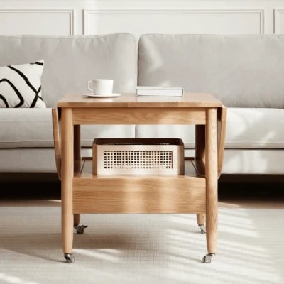 Picture of Divano Natural Wood Coffee Table – With Shelf, Drawer & Wheels