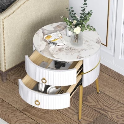 Midwest Round Side Table with Marble-Effect Top – Natural Wood
