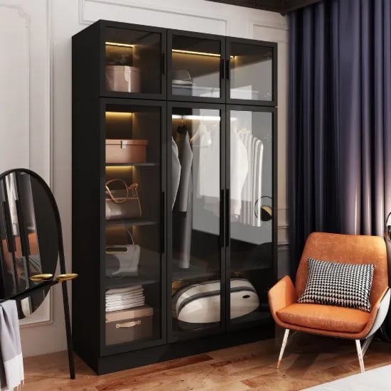 Picture of Paolo Modern wardrobe with glass doors and natural wood lighting
