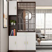 Élévé Display Divider Cabinet – Natural Wood with Decorative Panel.