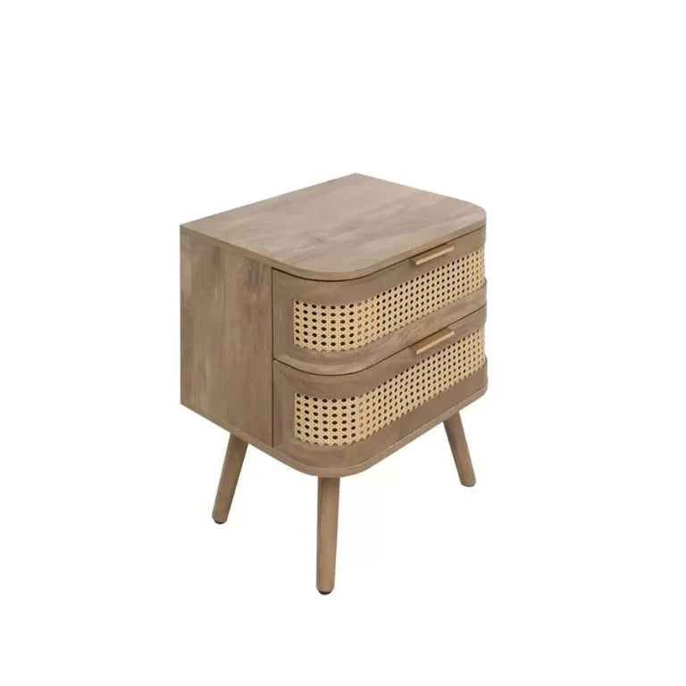 Lyra Side Table – Natural Wood with Rattan Front