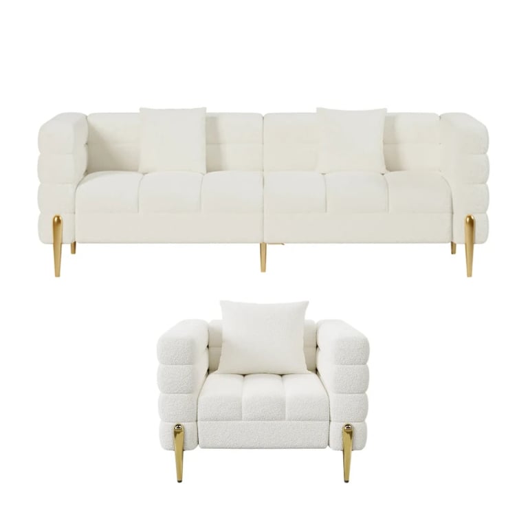 Lumière Sofa Set – 3-Seater Sofa & 2 Armchairs with Golden Metal Legs
