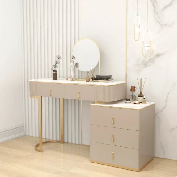 Clarette Vanity – Modern Natural Wood Design with Gold Stainless Frame and Elegant Storage Drawers