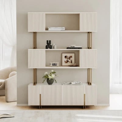 Délicat Display Shelf – White Natural Wood with Gold Frame.