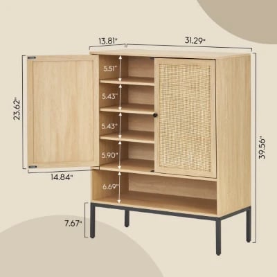 Marisse – Natural Wood Shoe Cabinet with Rattan Doors