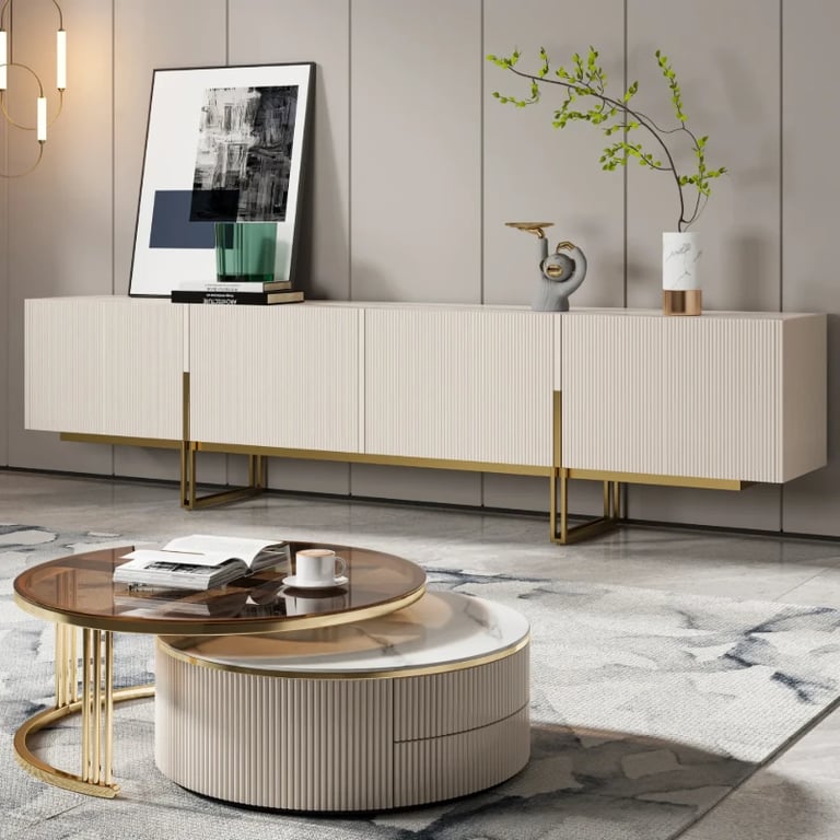 Picture of Valente Natural Wood TV Stand – Brass Base & Fluted Doors