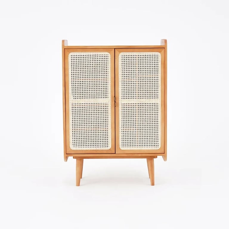 japandi Walnut Rattan Shoe Cabinet 2-Door 4-Shelf Shoe Organizer