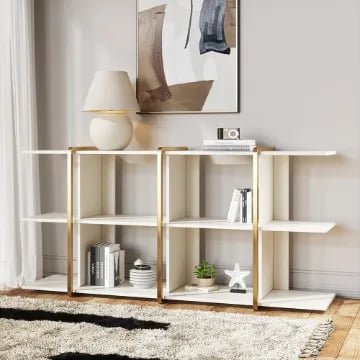 Vionna Low Display Shelf – White Wood with Gold Accents