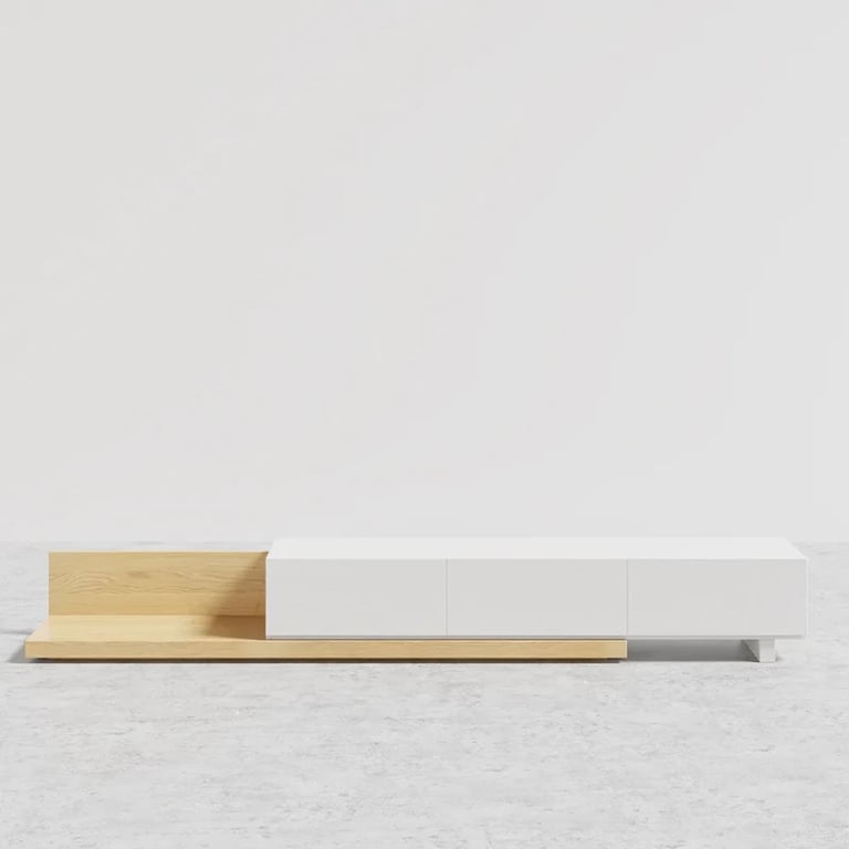 صورة وحدة تلفزيون لوناۤرا قابلة للتوسيع – خشب طبيعي مع 3 أدراج تخزين