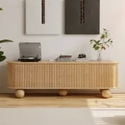 Oniro Long Media Console with Fluted Sliding Panels – Natural Wood