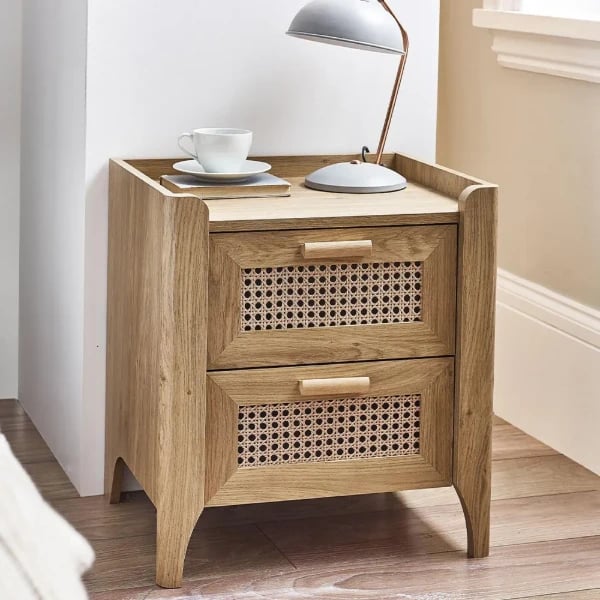 Alara – Natural Wood & Rattan 2-Drawer Bedside Table