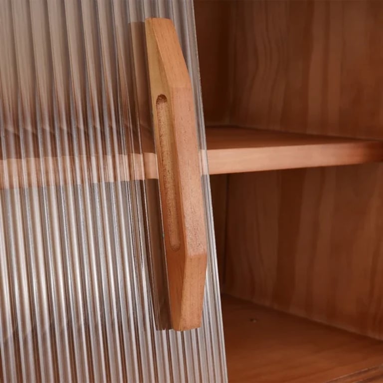 Prosy Kitchen Cabinet – Natural Wood with Glass Doors and Gold Handles