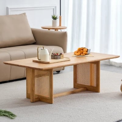 Éloria Natural Wood Coffee Table – With Rattan Base