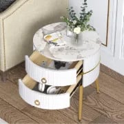 Midwest Round Side Table with Marble-Effect Top – Natural Wood