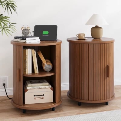 Luna – Round Side Table with Storage – Natural Wood