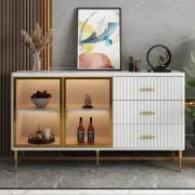 Klamf Sideboard – Natural Wood with Glass Doors and Golden Accents