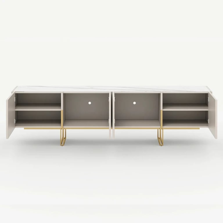 Élory - Natural Wood TV Stand with Stainless Steel Legs & Marble-Look Top