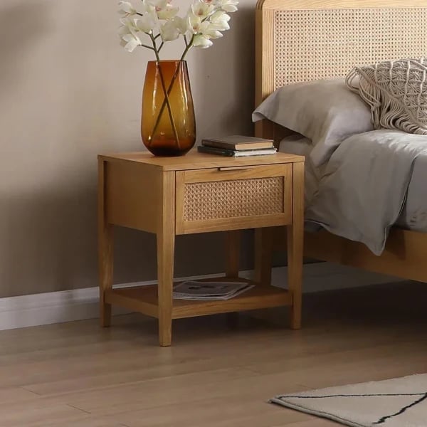 Lina Side Table – Natural Wood with Rattan Front