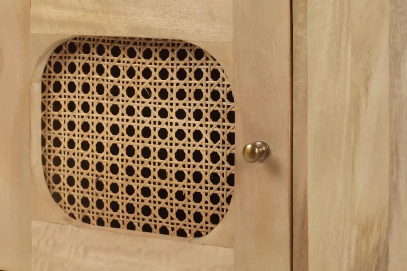 Zoya –Natural Wood Rattan Bedside Cabinet with Door & Open Shelf