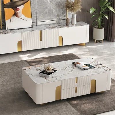 Élivane – Coffee Table & TV Unit Set with Marble and Gold Accents