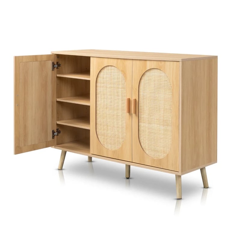 Rubena – Natural Wood Shoe Cabinet with Rattan Front (Three Doors)