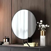 Enigma Vanity with Round Mirror and Elegant Chair – Natural Wood