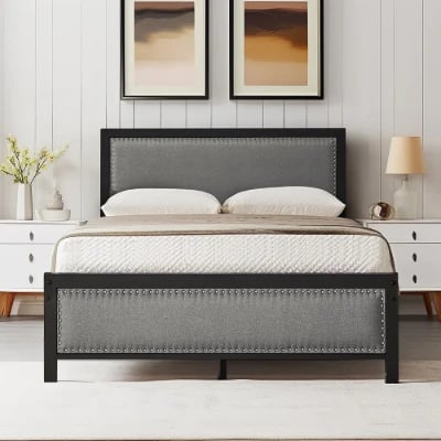 Picture of Monroe Natural Wood & Metal Upholstered Bed