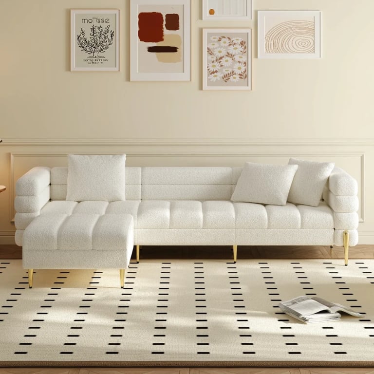 Amélis– Modern Natural Wood Sofa Set with Armchair and Ottoman, Golden Legs