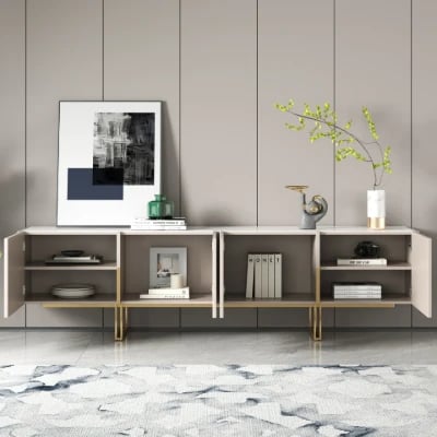 Élory - Natural Wood TV Stand with Stainless Steel Legs & Marble-Look Top