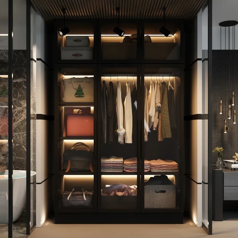 Picture of Paolo Modern wardrobe with glass doors and natural wood lighting
