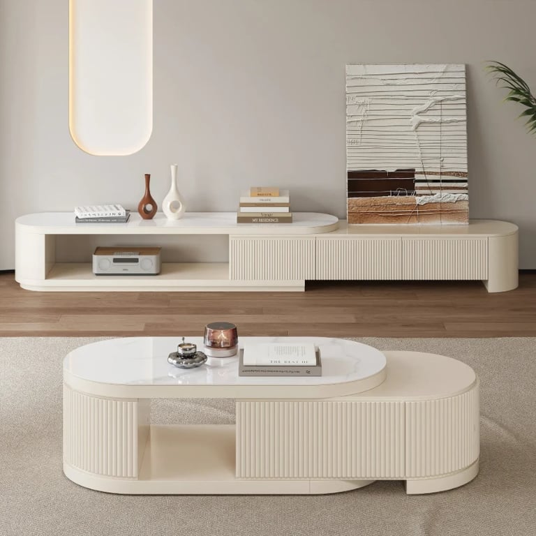 Levanto Set – Extendable TV Unit and Coffee Table with Marble-Effect Top