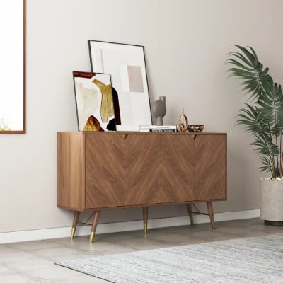 Picture of Zovaya Natural Wood Sideboard – Herringbone Doors with Brass Accents