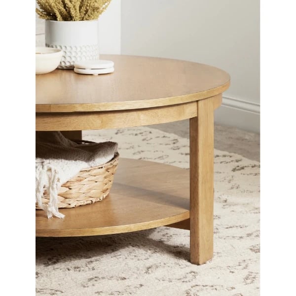 Orion – Round Coffee Table with Rotating Top & Lower Shelf – Natural Wood